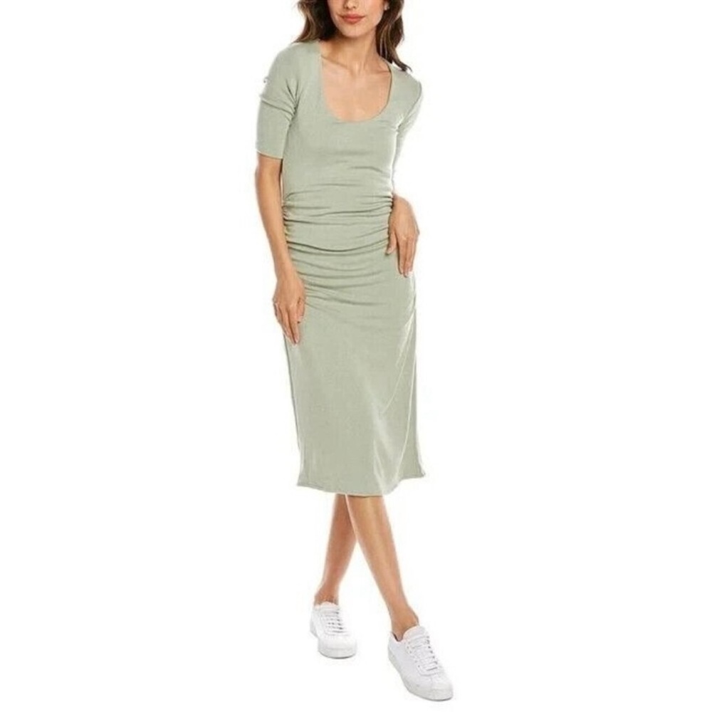 REBECCA TAYLOR Ruched Scoop‎ Neck MIDI Dress Sage Green Casual T-Shirt Modal S